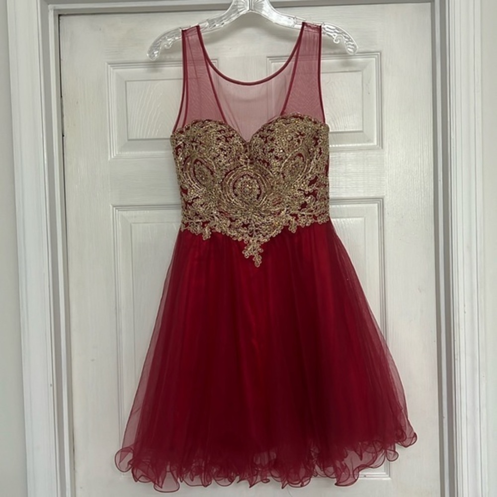 Homecoming-Prom Short Tulle Ball Gown with Gold Applique, Excellent Condition